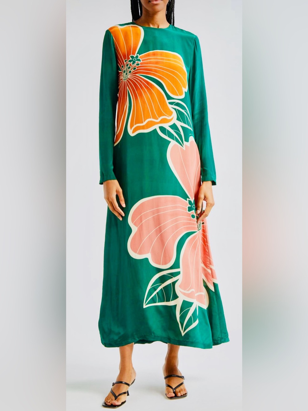 FARM Rio Green Maxi Dress with Orange and Pink Floral Print